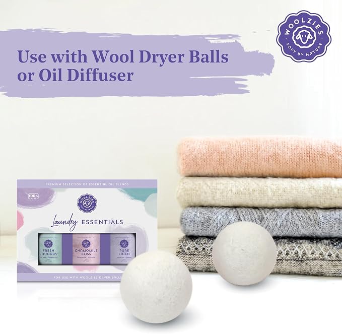 Laundry Essentials Essential Oil Set: Use with Wool Dryer Balls or Oil Diffuser Elevate Your Laundry with All-Natural Aromatherapy Scents | Fresh Laundry, Chamomile Bliss, Pure Linen 10 ML