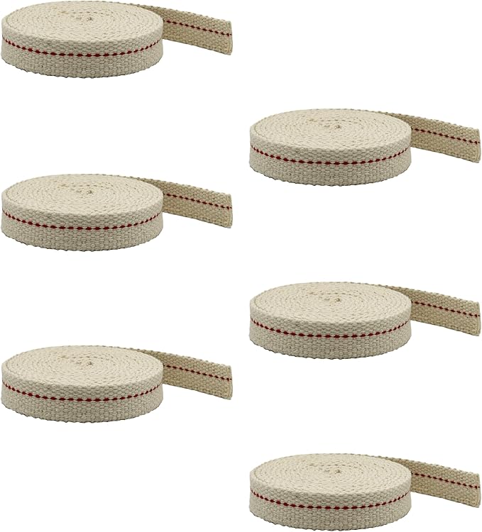 Light of Mine - 5/8" Inch 6' Foot, 100% Cotton Flat Wick - 6 Pack, for Paraffin Oil, Kerosene Based Lanterns, and Oil Lamps with Genuine Red Stitch (5/8" - 6' Roll, 6 Pack)