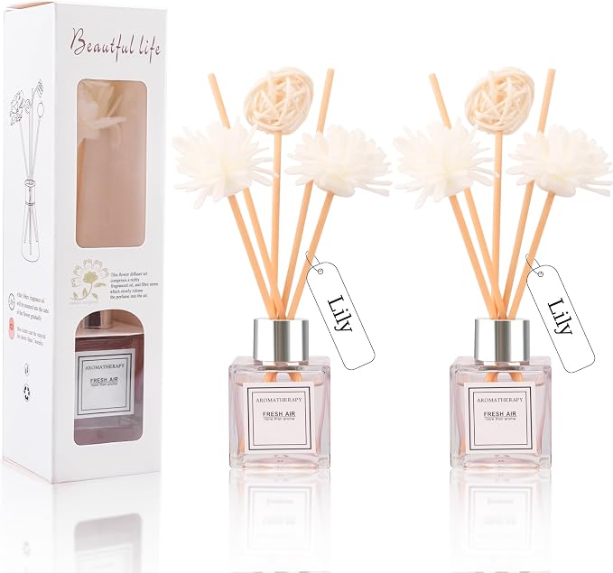 Reed Diffuser Set of 2, Lily Scent Oil Diffuser with Sticks for Home Fragrance, Office Living Bedroom Decor, Bathroom Decor and Accessories, Air Fresheners Gift Set, 1.7 fl oz/50ml x 2
