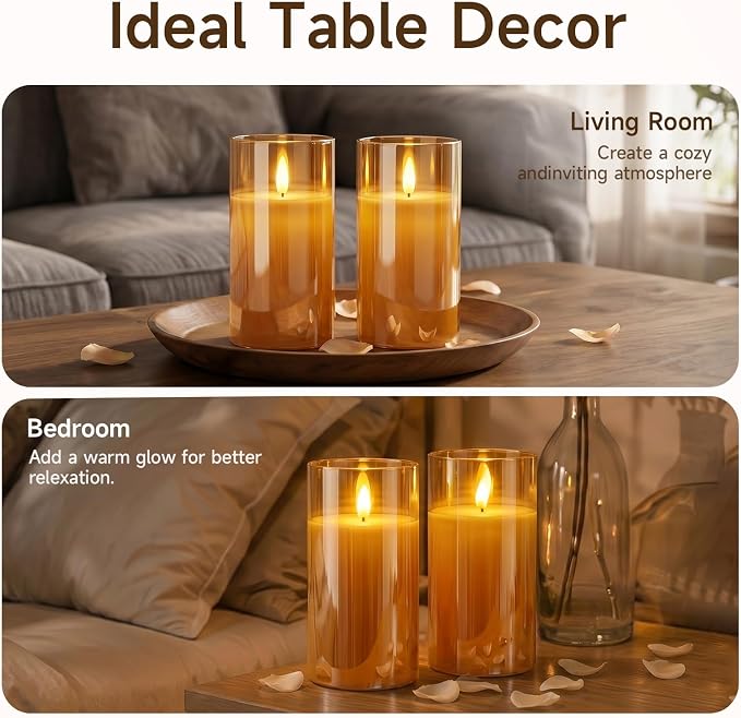 Homemory Amber Glass Flameless Candles Battery Operated LED Pillar Candles with Remote and Timer, Real Wax Flickering Candles with 3D Wick, Decorative Candles Home, Wedding, Holiday Decor, Set of 2