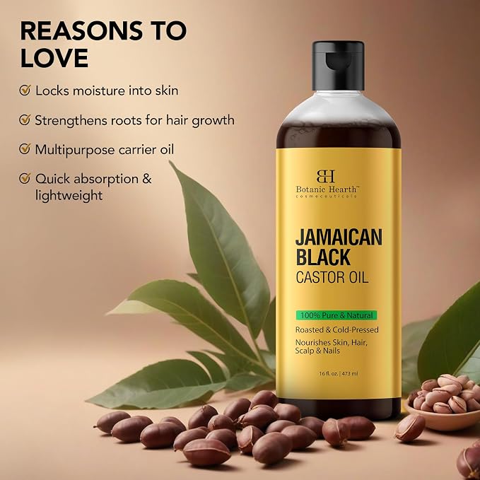 Botanic Hearth Jamican Castor Oil 8 Fl Oz| 100% Pure & Natural, Cold Pressed |For Hair, Eyelashes & Eyebrows | Hexane Free, Fast Absorbing | with Massage Roller Ball