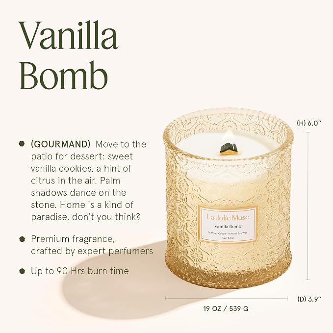 LA JOLIE MUSE Vanilla Zest Scented Candles for Home,19 oz Natural Soy Wax | Large Jar Luxury Candle, Clean Non Toxic, Gift for Women & Men, Decorative Gourmand Candle, Wood Wick, Lemon Coconut Bergamot