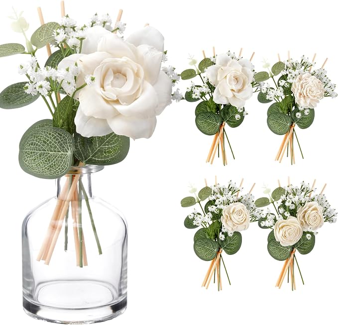 XunYee 33 Pcs Reed Diffuser Set Include Flowers and Sticks，Sola Flowers with Eucalyptus and Gypsophila Oil Diffuser Sticks Aromatherapy for Home Decor Bathroom Decor (Rose, Lotus, Chrysanthemum)