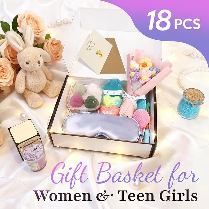 18PCS Spa Gift Set for Women – Self Care Package with Bath Bombs, Face Scrubbers, Makeup Sponges & Eye Mask – Get Well Soon Gift for Mom, Sister, Best Friend