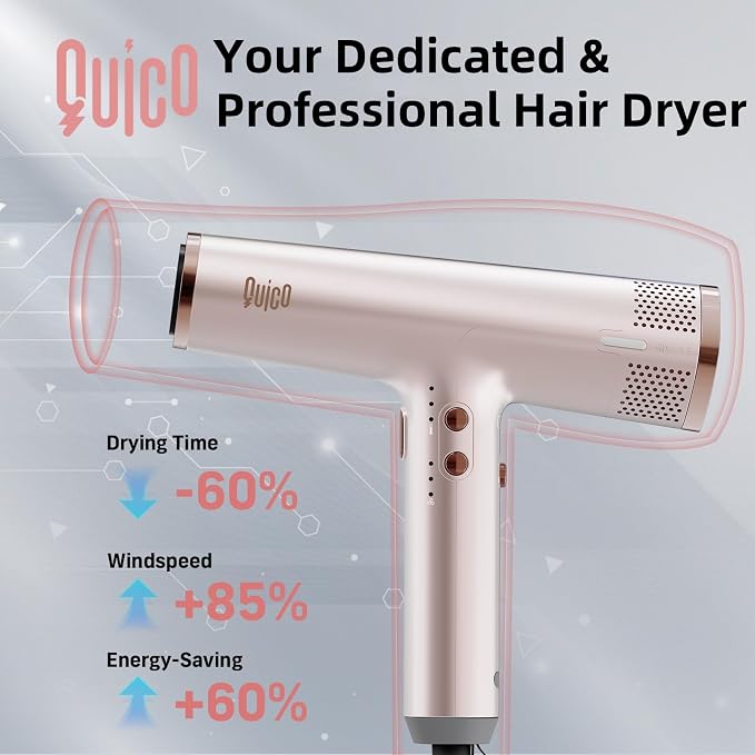 Quico Hair Dryers for Women, 7X Faster BLDC Motor, Quiet 1875W 110,000 RPM 2 Billion Negative Ionic Salon Blow Dryer with Diffuser, Adjustable Temp & Speed, Portable Hair Dryer for Home Travel, Pink