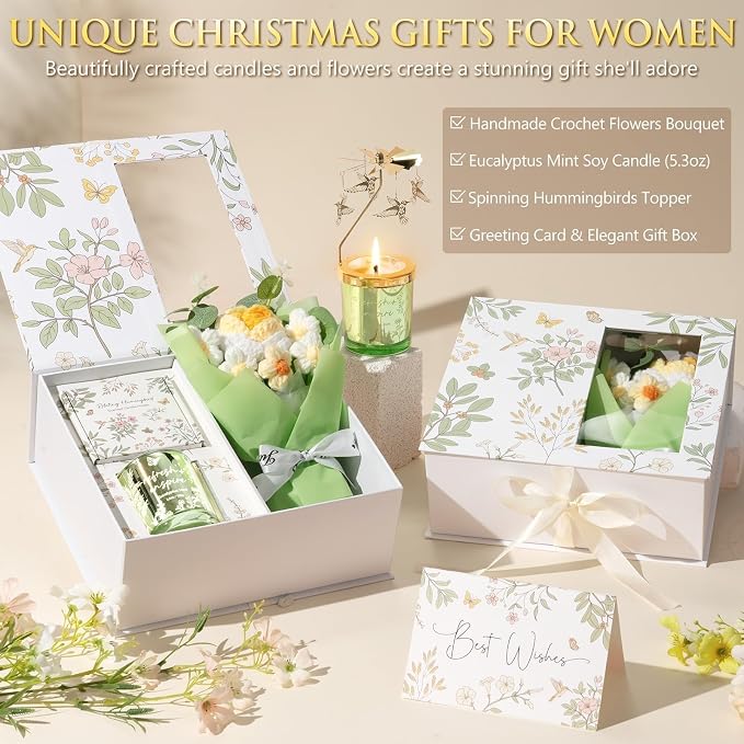 Mothers Day Gifts for Women Mom Friend Sister, Unique Birthday Gifts for Women Girlfriend Wife Daughter, Christmas Candles Hummingbird Rotating Scented Candles Set for Woman w/Crochet Flower Bouquet