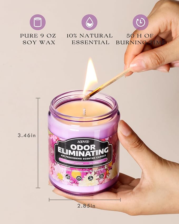 AOOVOO Dreamy Garden 2 Pack Odor Eliminating Highly Fragranced Candle - Eliminates 95% of Pet, Smoke, Food and Other Smells Quickly, Non Toxic Air Freshing Soy Candle, 18 oz Up to 100 Hours Burn time