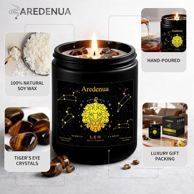Leo Zodiac Candle | Astrology Birthday Gift for Women Healing Crystal Candles with Tiger Eye Crystals - Soy Candle, 7oz 50 Hour Burn, Spiritual Gift for Women, July August Birthday Candle