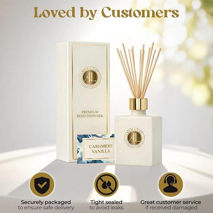 White Reed Diffusers Sticks in Oil Set with Cashmere Vanilla Scent | Long-Lasting Reed Diffusers for Home, Office, Bathroom, & Bedroom Decor Fragrance Diffuser | White Diffuser | (5 oz)