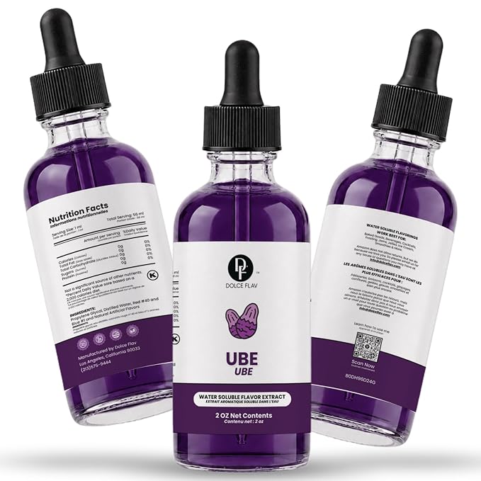 Dolce Flav Purple Ube Extract – 2 Ounce Water-Soluble Kosher, Sugar-Free, Concentrated Sweet Ube Flavoring for Baking, Ice Cream & Pastries, Includes Measured Dropper