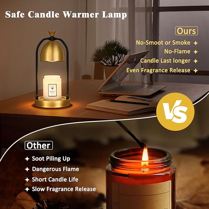 Hong-in Gold Candle Warmer Lamp with Timer-Modern Room Decor Aesthetic Vintage, Gifts for Women,Dimmable Wax Melt Warmer for Scented Wax with 2 Bulbs