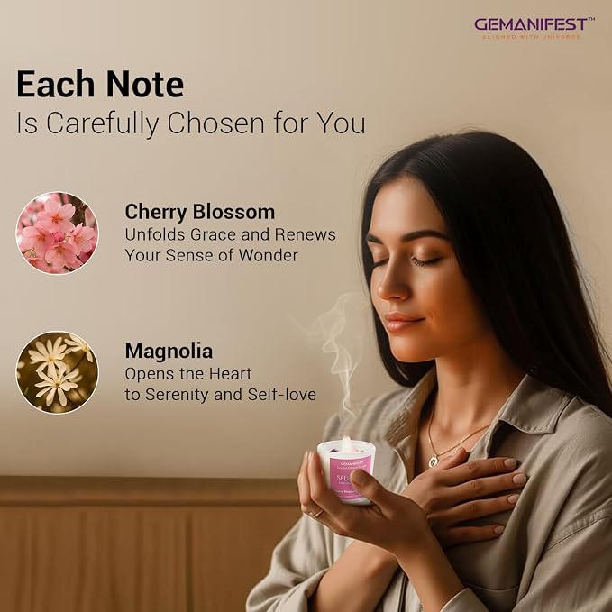 Self Love Manifestation Candle, Cherry Blossom & Magnolia Scented Soy Candle with Rose Quartz & Amethyst, Valentine's Gift for Her/Him, Women's Wellness & Spiritual Healing
