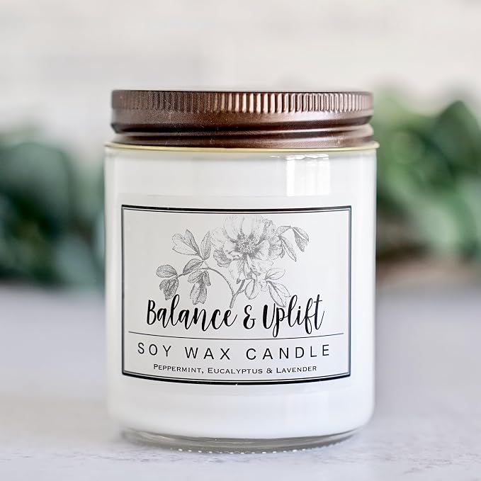 Balance & Uplift Soy Wax Candle – Peppermint, Lavender & Eucalyptus Aromatherapy Candle for Focus, Stress Relief & Yoga – Natural Essential Oil Candle, 8 oz