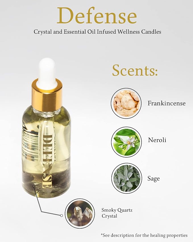 Crystal Infused Essential Oil Vial, 1 Oz, Defense - Smoky Quartz Crystal Infused - Scents of Frankincense, Neroli, & Sage - Aromatherapy Oils, Massage, Stress Relief