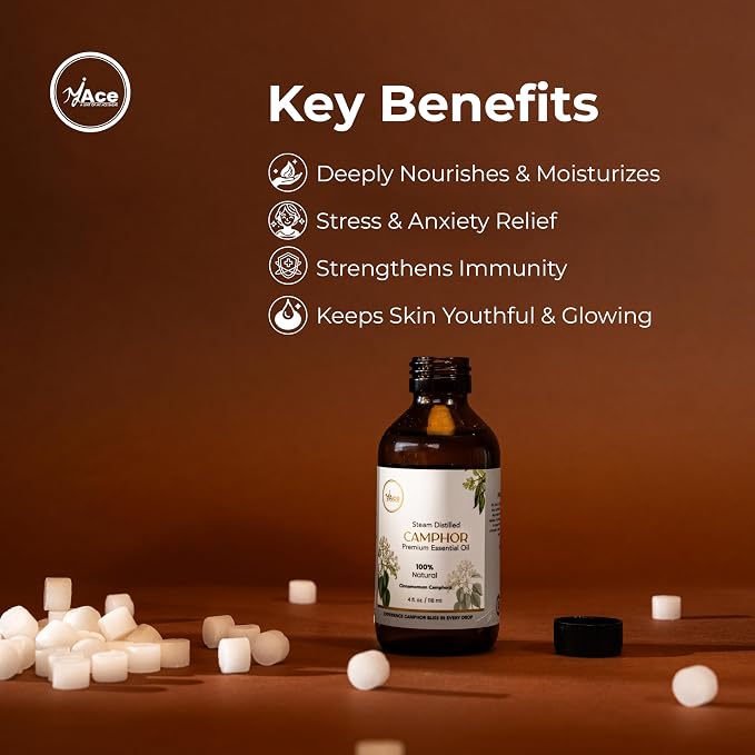 My ACE Camphor Essential Oil 4 Fl Oz - 100% Pure & Natural - Premium Grade for Aromatherapy, Diffuser, Skin, Hair, Massage, Candle & Soap Making, Home - Glass Bottle with Dropper - Long Lasting Scent