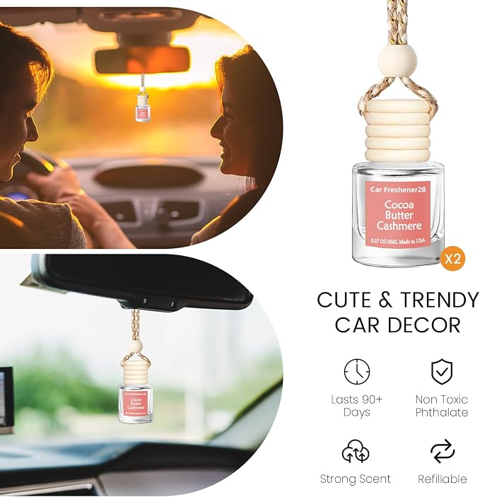 Hanging Car Air Freshener, Long Lasting Essential Oil Diffuser, Non-Toxic Cocoa Butter Cashmere Scent, Cute Car Fresheners for Women, 2 Pack Made in USA