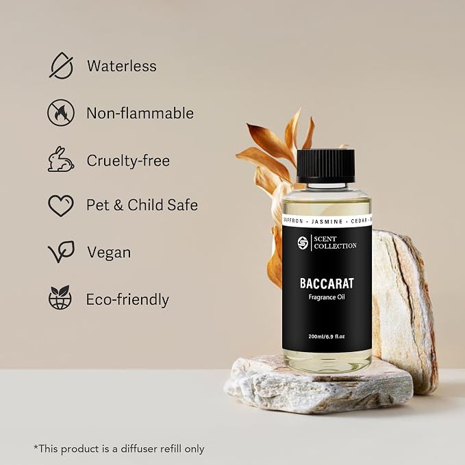 Hotel Scent Diffuser Oil for Home Inspired Baccarat Hotel, Luxury Saffron Cedar Fragrance, Long Lasting Waterless Aroma Oil Refill for Cold Air Diffuser & Large Room, 200ml/6.76 Fl Oz