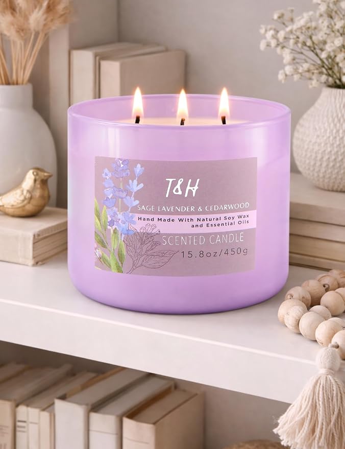 Sage Lavender Cedarwood 3-Wick Soy Candle, 15.8 oz Scented Candle for Home | Eucalyptus & Vanilla Notes, Aromatherapy Stress Relief, Highly Scented, Clean Burn, Bedroom & Bath, Gift for Women & Men