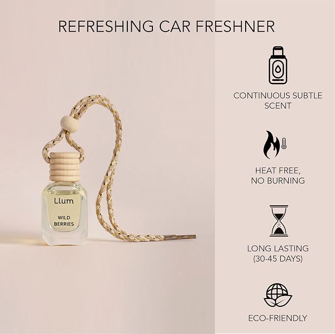 Llum Wild Berries Hanging Car Air Freshener – Luxury Automotive Perfume Diffuser 10ml (0.34 fl oz), Long-Lasting Fragrance, Alcohol-Free Non-Toxic Scent, Glass Bottle With Wood Cap & AC Vent Clip