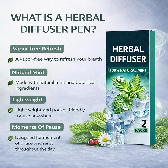 Herbal Diffuser Pen 2 Pack, Natural Mint Aroma Botanical Fragrance Stick, Fresh Scent Stick, Portable Non-Electric Herbal Diffuser for Desk, Travel, Home