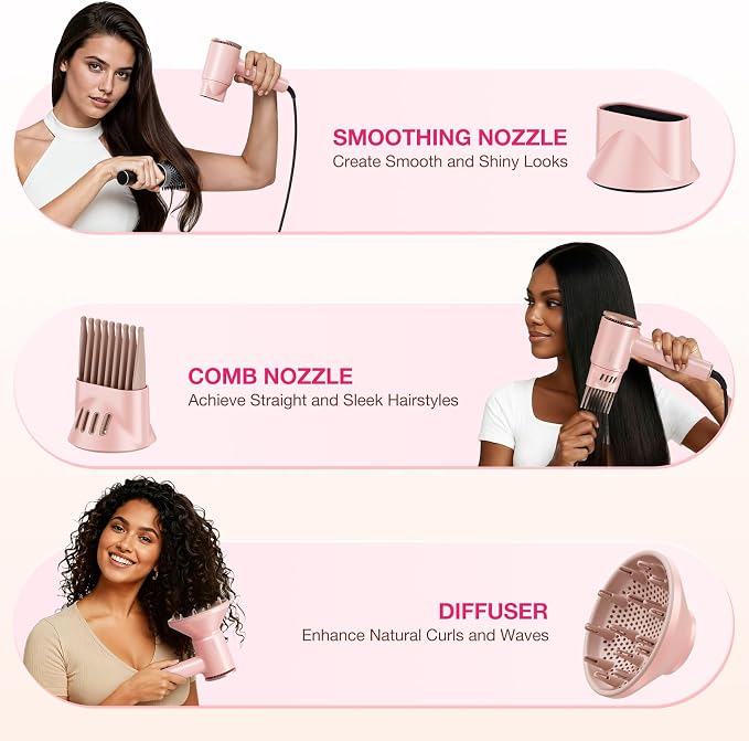 BABONIR Hair Dryer, 110,000 RPM High-Speed Brushless Motor for Fast Drying, 1875W Plasma Blow Dryer with Comb, Diffuser & Concentrator, 550 Million Ionic Hairdryer, Low Noise, for Travel, Salon, Pink