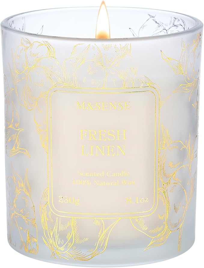 M&SENSE Fresh Linen Scented Candles, 8.1oz Natural Soy Wax Candle Non Toxic 42-Hour, Clean Cotton Summer Breeze, Bathroom & Bedroom Freshener