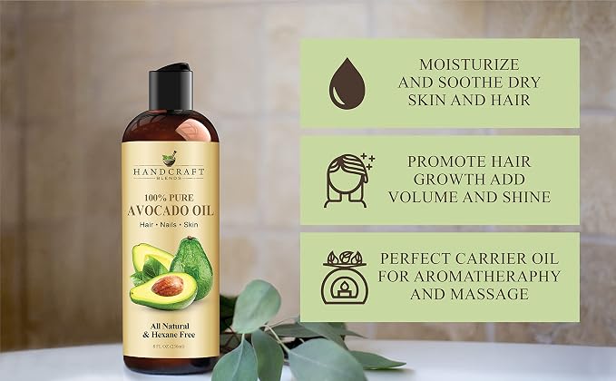 Handcraft Blends Avocado Oil - Cold-Pressed 8 Fl Oz - 100% Pure and Natural - Premium Grade Carrier Oil for Skin and Hair - Hair and Body - Massage - Hexane-Free