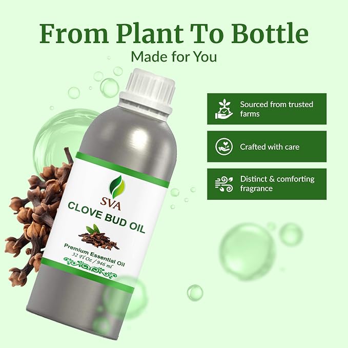 SVA Clove Bud Essential Oil – 32 Fl Oz – 100% Natural Clove Bud Oil - for Diffuser, Hair Care, Face, Skin Care, Aromatherapy, Scalp and Body Massage, Soap and Candle Making