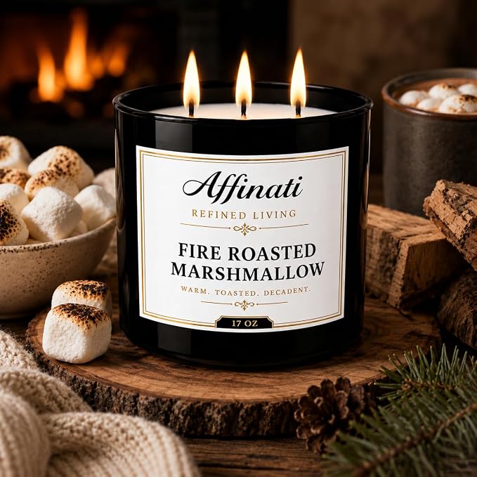 Affinati Fire Roasted Marshmallow 3 Wick Scented Candle – Large Soy Blend Candle, Strong Scent Throw Sweet Smoky Toasted Sugar Gourmand Candle, Premium Home Fragrance Gift