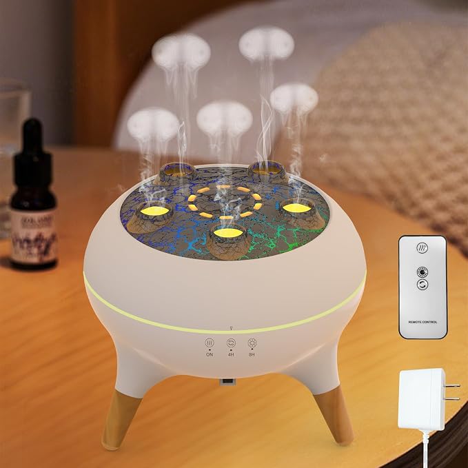 Jellyfish Essential Oil Diffuser, 5-Nozzle Ultrasonic Aromatherapy Humidifier with Sound-Reactive Mist, 250ml, 7-Color LED, Remote, 4H/8H Timer, Auto-Off for Home, Bedroom, Office