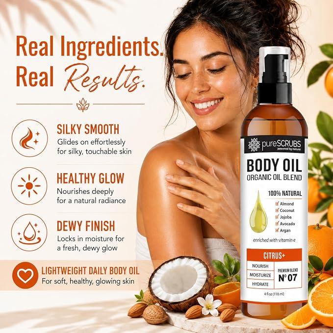 pureSCRUBS Ultra Moisturizing Citrus Body Oil for Dry Skin, Lightweight Full Body Moisturizer for Soft, Silky Skin, Massage & Cuticle Oil, Vitamin E Enriched, 4 oz