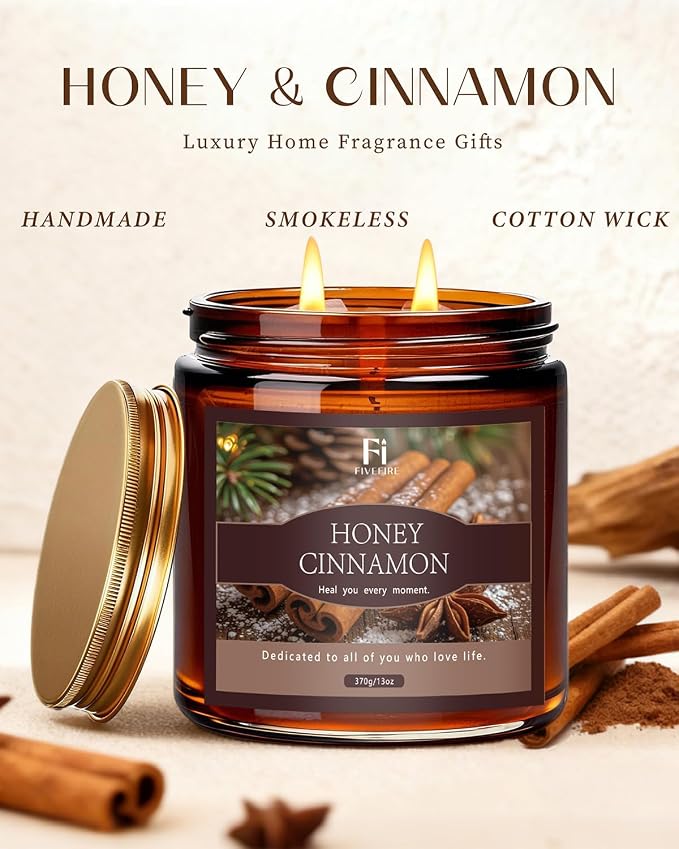 Honey Cinnamon Scented Candle, 13 oz Soy Wax Candle with Cotton Wick, 76-Hour Clean Burning, Non-Toxic Woodsy Scent for Relaxation & Focus, Aromatherapy Candle, Housewarming Gift