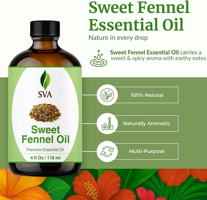 SVA Sweet Fennel Essential Oil – 4 Fl Oz – 100% Natural Fennel Oil - for Diffuser, Hair Care, Face, Skin Care, Aromatherapy, Scalp and Body Massage, Soap and Candle Making – with Dropper