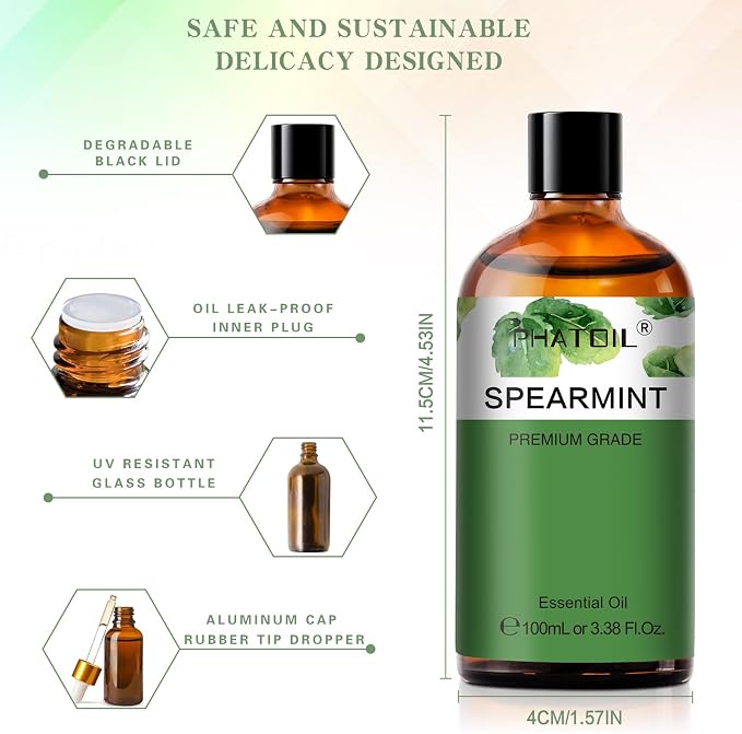 Spearmint 3.38fl.oz Essential Oil, PHATOIL Pure Aromatherapy Oils for Diffuser, Humidifier, Perfect for DIY Soap, Candle, Bath Bombs Making(100ml)