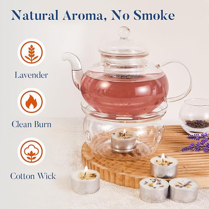 Crenovo Scented Lavender Tea Lights Candles with Dried Lavender Flowers, 48 Pcs Soy Tealight Candles, 6-7 Hours Burning Candles for Weddings, Small Tea Light for Home, Spa
