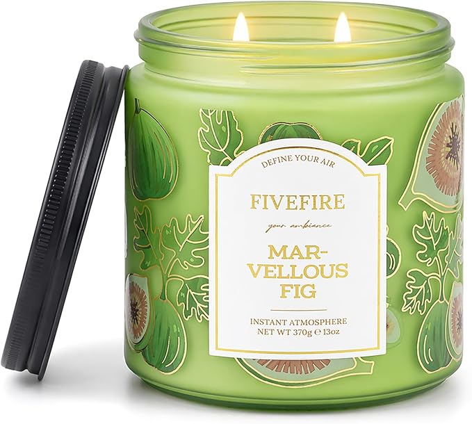 Fig Scented Candles for Office, 13oz Natural Soy Wax 2-Wick Jar, Up to 76-Hour Clean Burn, Green Earthy Creamy Fig Home Fragrance, Gift for Women Men