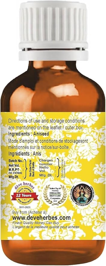 Deve Herbes Pure Aniseed Essential Oil (Pimpinella anisum) Steam Distilled (Pack of Three) 100ml X 3 (10 oz)