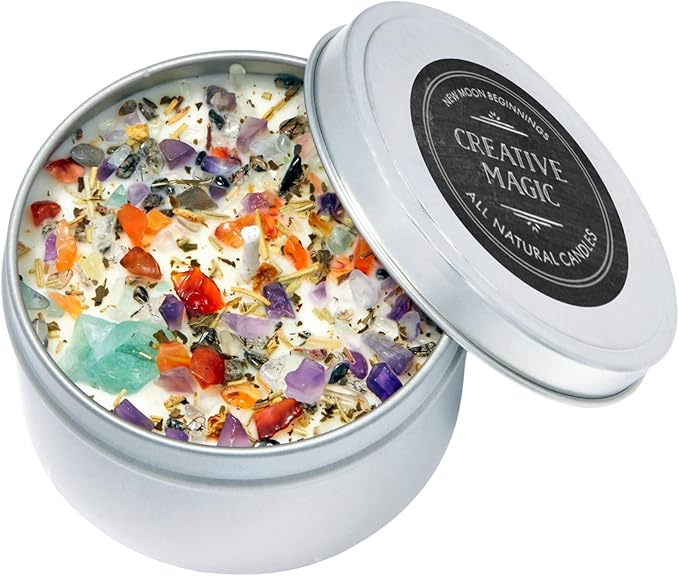 Creative Magic Candles by New Moon Beginnings - Focus, Creativity, & Concentration - Herb & Crystal Candles - Soy Aromatherapy Candle - 8oz Tin