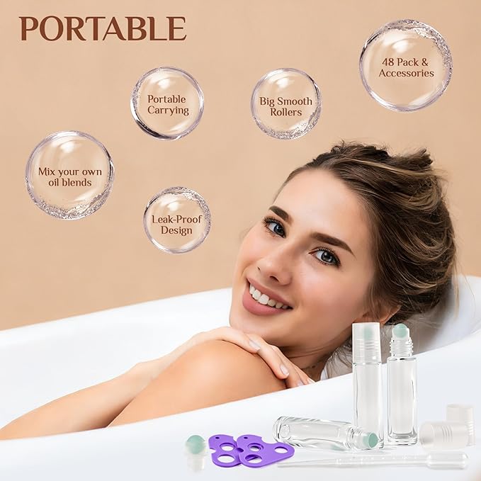 Hoa Kinh Roller Bottles for Essential Oils 10ml 48Pack Empty Clear Glass Perfume Roller Bottles with Frosted Glass Balls Refillable Roller Ball Applicator for Hair, Essential Oil