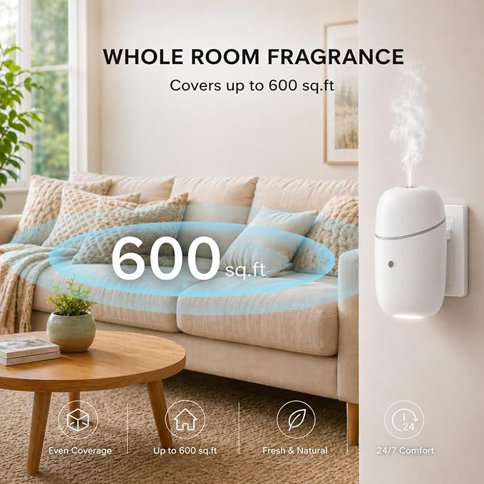 Waterless Diffuser, Quiet Essential Oil Diffuser with Low/High Levels and Timer, Plug in Diffuser with Night Light, Wall Aromatherapy Diffuser for Home, Living Room, Bedroom, Bathroom, White