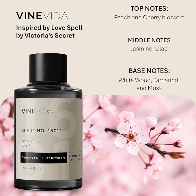 VINEVIDA [4 Fl Oz] Scent NO. 1601 Fragrance Oil for Cold Air Diffusers, Aromatic Notes of Lilac Musk Peach, Essential Oils for Diffuser Oil Refill & Air Freshener Room Spray