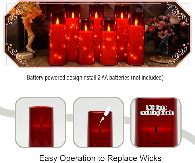 Eebuss Flameless Candles with Embedded Star String, Battery Operated LED Pillar Candles with Timer and Remote Control,Home Decorating for Ambiance， Set of 7 (Red)