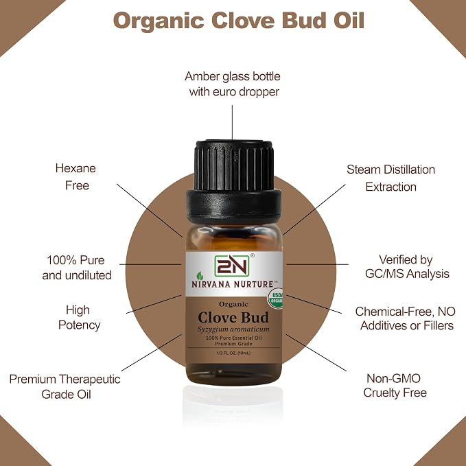 Clove Bud Essential Oil, USDA Certified Organic, 100% Pure Undiluted, Aromatherapy Oil for Diffuser, Hair & Skin Care