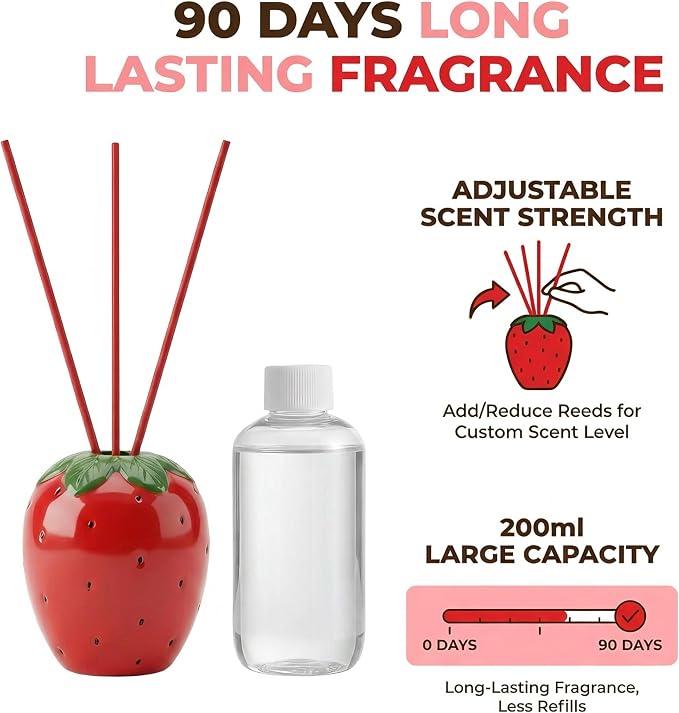 Strawberry Scented Reed Diffuser Set – 6.76 fl oz (200ml) with Sticks, Creative Strawberry-Shaped Ceramic Design for Home, Bedroom & Bathroom Decor, Long Lasting Aromatherapy Gift