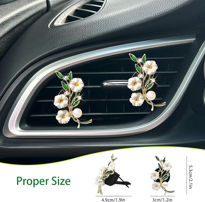 ORIESSE Flowers Car Accessories,2pcs White Daisy Green Leaves Air Vent Clips Car Air Freshener,Flower Car Decor for Women,Girly Refillable Diffuser