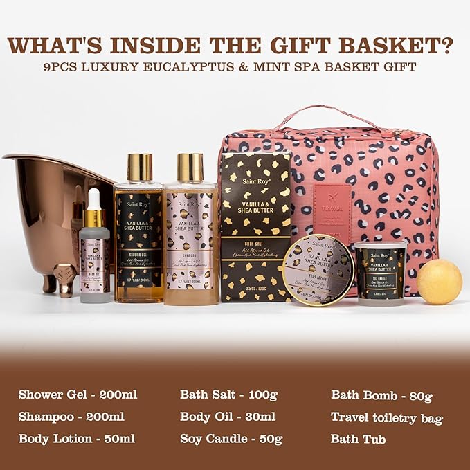 Warm Vanilla scented Gifts for Women, Spa Bath & Body Gift Basket, Skin Care Kit, Home Spa Gift Set, Self-Care Kit, Travel Multi-use toiletry bag, Birthday, Christmas, Mother Day, Anniversary Gifts