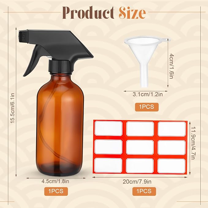 Fumete 2 Pack Glass Bottles 4oz Empty Refillable Liquid Containers with 1 Label 1 Funnel for Essential Oils Hair Travel Plants Cleaning Skin Care(Amber, Black Top,Spray Bottle)