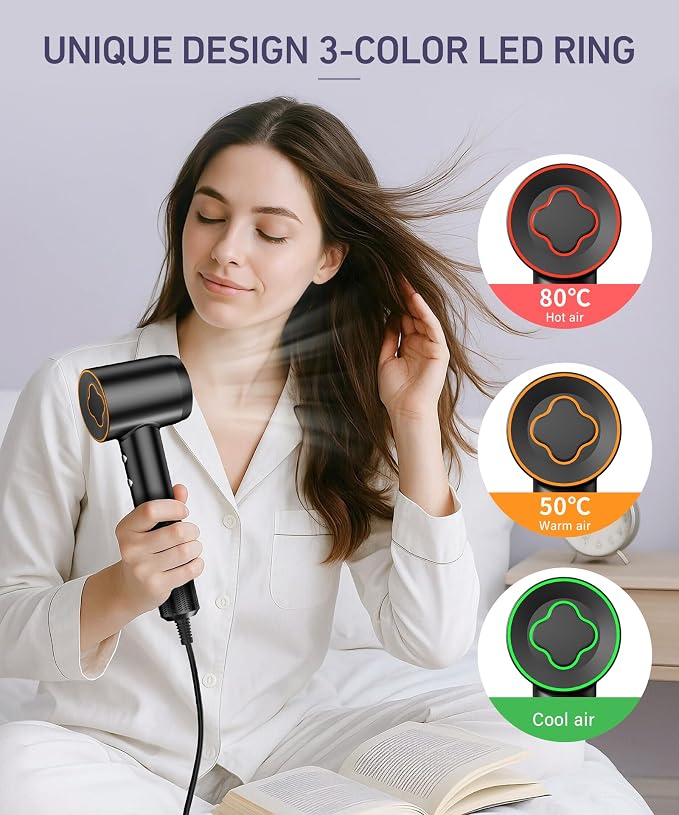 Cosy Companions High-Speed Ionic Hair Dryer, 150000 RPM Brushless Motor for 2-5 Min Fast Drying, Low Noise Blow Dryer Reduces Frizz & Heat Damage, Lightweight Hair Dryer with Diffuser & Nozzle