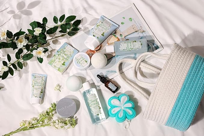Body & Earth Gift Baskets for Women 11PCS Jasmine Spa Gift Sets for Her, Self Care Kit with Bubble Bath, Shower Gel, Lotion Set, Mothers Day Gifts for Mom