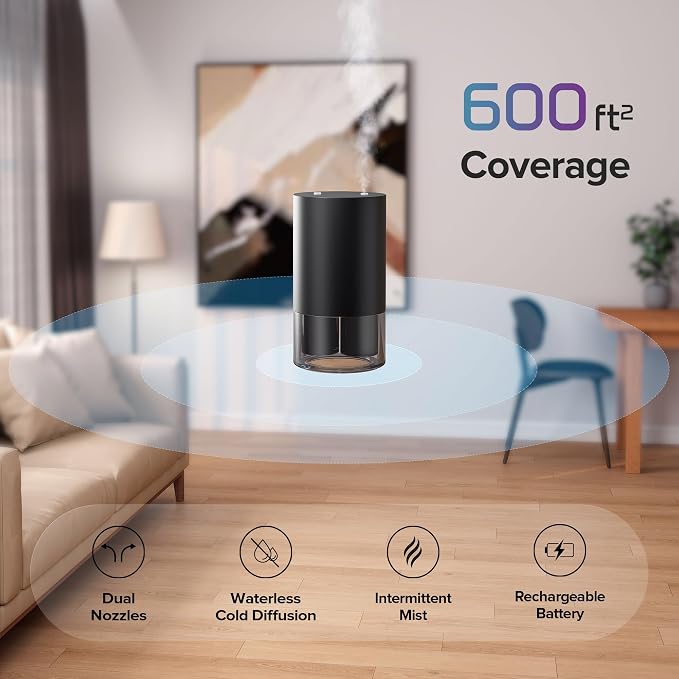Airversa Dual-Nozzle Waterless Diffusers for Essential Oils Rechargeable Mini Scent Machine with 5 Timer Settings, 4 Mist Levels with Vehicle Mode for Car Home Room Studio Office, Ice Blue Metal